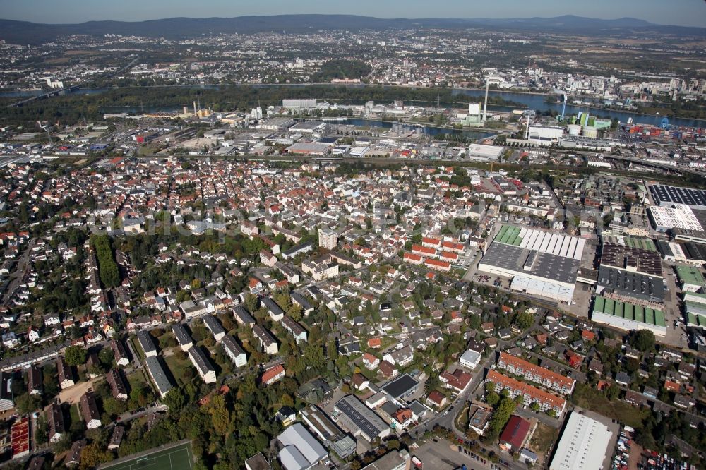 Mainz from above - View of the Mombach district of Mainz in the state of Rhineland-Palatinate. The Northern-most district is located on the river Rhine and borders the federal motorway A643 in the West. The former industrial borough is characterised by businesses, commercial areas and extensive green spaces. The East of the district includes wide industrial areas and the historic Phoenix Event Location