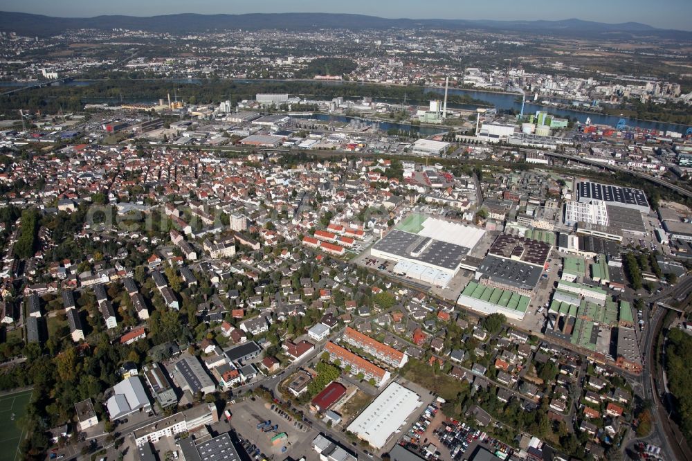 Mainz from above - View of the Mombach district of Mainz in the state of Rhineland-Palatinate. The Northern-most district is located on the river Rhine and borders the federal motorway A643 in the West. The former industrial borough is characterised by businesses, commercial areas and extensive green spaces. The East of the district includes wide industrial areas and the historic Phoenix Event Location