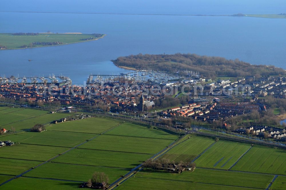 Monnickendam from above - Partial view of the city Monnickendam with a view of the marina in the bay Monnickendammergat in the province of North Holland in the Netherlands