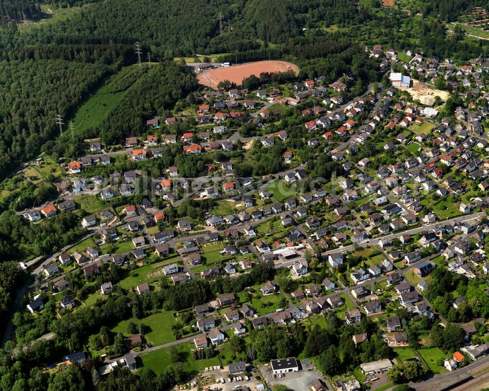 Aerial image Mudersbach-Birken - City view of the borough Mudersbach in Kirchen (Sieg) in Rhineland-Palatinate. The town is a recognized health resort in the southwestern part of Siegerlands