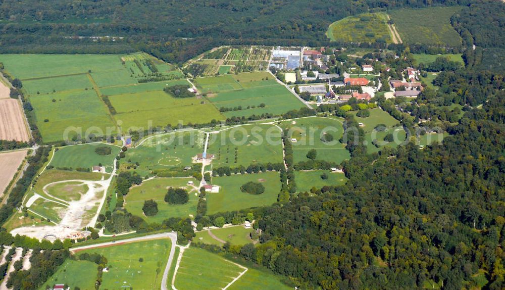 Freiburg im Breisgau from the bird's eye view: Stadtteilansicht von Mundenhof in Freiburg, Baden-Württemberg. Er ist der mit Abstand kleinste Stadtteil mit den wenigsten Einwohnern. Auf dem Gelände befindet sich auch der Naturerlebnispark Mundenhof, ein beliebtes Ausflugsziel, sowie eine Freifläche, auf der jedes Jahr das internationale Zelt-Musik-Festival ZMF stattfindet. View on the district Mundenhof in Freiburg, Baden-Wuerttemberg. Its the smallest borough with the fewest inhabitants. Also on the area is the nature discovery park Mundenhof, a popular destination for excursions, and also an open space where every year the international Tent Music Festival takes place.