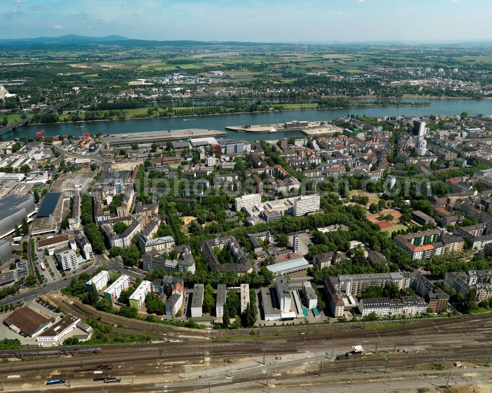 Mainz from the bird's eye view: View of the Neustadt part of Mainz in the state of Rhineland-Palatinate. View of a residential area with estates on the edge of the industrial area in the North of the city. The custom harbour of Mainz on the Rhine is visible in the background