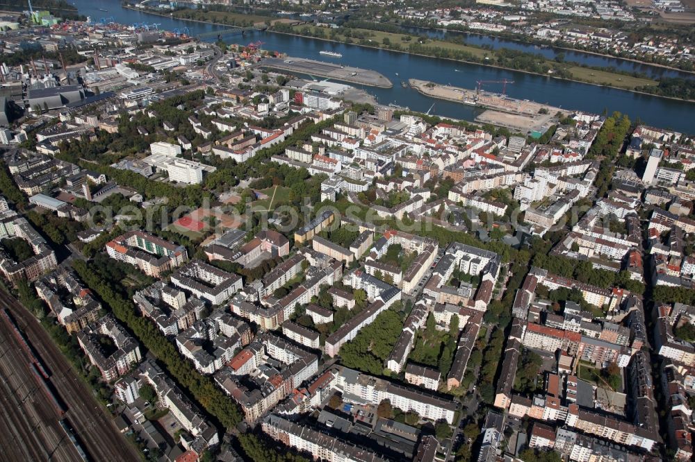 Mainz from above - View of the Neustadt part of Mainz in the state of Rhineland-Palatinate. View of the industrial area and adjacent residential estates in the North of the city. The custom harbour of Mainz on the Rhine is visible in the background