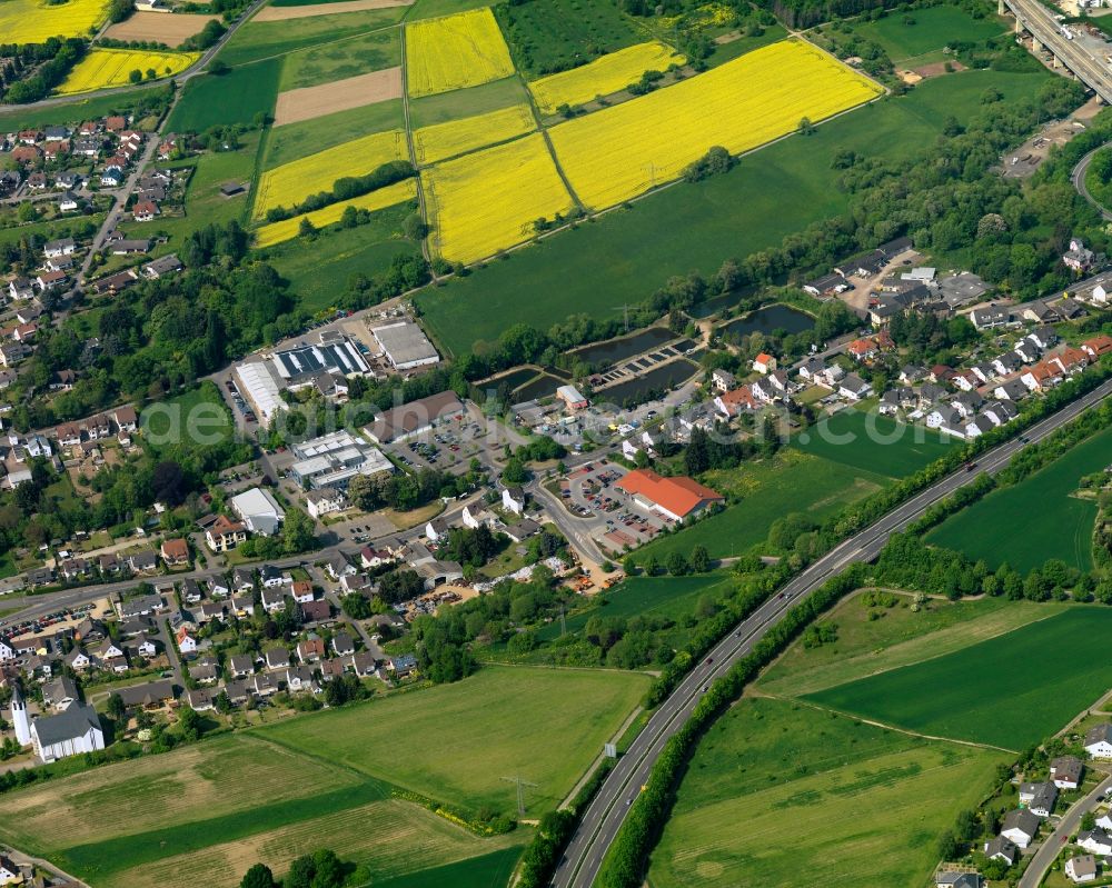 Aerial photograph Neuwied - View of the Niederbieber part of the town of Neuwied in the state of Rhineland-Palatinate. The town is located in the county district of Mayen-Koblenz on the right riverbank of the river Rhine. The town is an official tourist resort and is an important historic industrial site. Niederbieber is located in its Northwest, surrounded by meadows and rapeseed fields on the edge of the Nature Park Rhine-Westerwald, adjacent to the federal highway B256