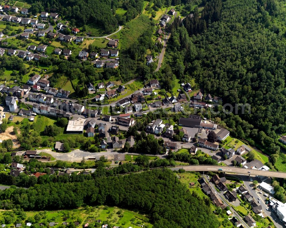 Niederfischbach from above - City view of Niederfischbach in Rhineland-Palatinate. Niederfischbach is a part of Kirchen Sieg). The town is a recognized health resort in the southwestern part of Siegerlands