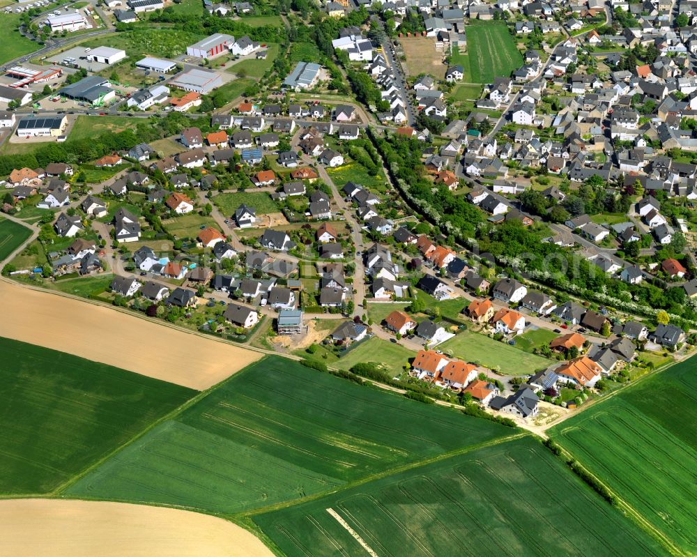 Polch from the bird's eye view: View of the North of Polch in the state of Rhineland-Palatinate. The agricultural town is located in the county district of Mayen-Koblenz and surrounded meadows and rapeseed fields. It is located in the borough of Maifeld, in the South of the federal motorway A 48. The North consists of residential areas with single family homes on the edge of agricultural and rapeseed fields as well as industrial areas