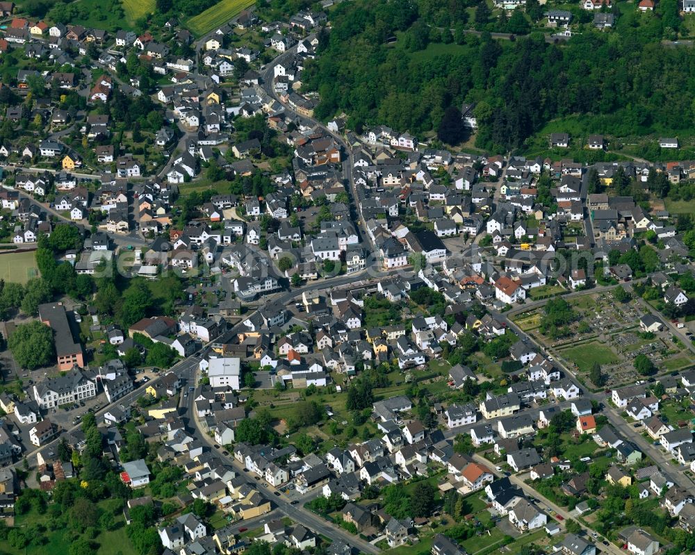 Neuwied from the bird's eye view: View of the Oberbieber part of the town of Neuwied in the state of Rhineland-Palatinate. The town is located in the county district of Mayen-Koblenz on the right riverbank of the river Rhine. The town is an official tourist resort and is an important historic industrial site. Oberbieber is located in its North, in the foothills of the Westerwald forest. The historic roads Limesstrasse, Raiffeisenstrasse and the hiking track Rheinsteig meet here