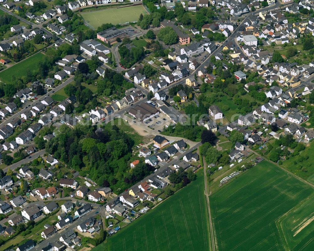 Aerial image Neuwied - View of the Oberbieber part of the town of Neuwied in the state of Rhineland-Palatinate. The town is located in the county district of Mayen-Koblenz on the right riverbank of the river Rhine. The town is an official tourist resort and is an important historic industrial site. Oberbieber is located in its North, in the foothills of the Westerwald forest. The historic roads Limesstrasse, Raiffeisenstrasse and the hiking track Rheinsteig meet here