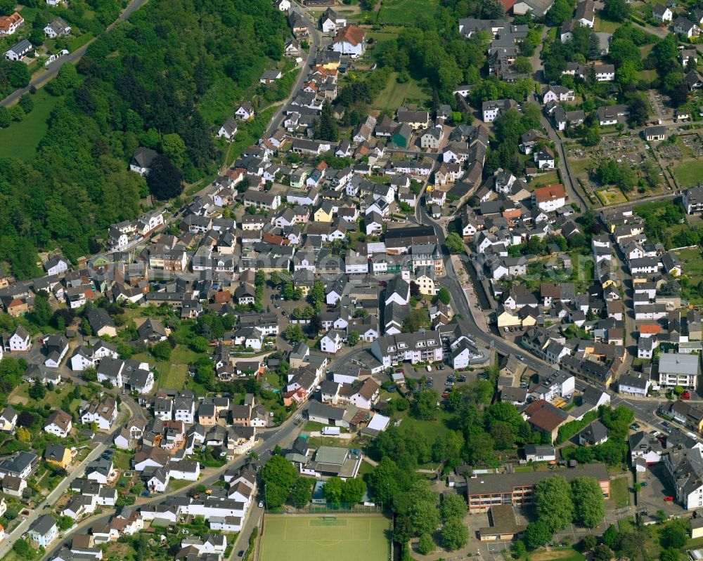 Aerial photograph Neuwied - View of the Oberbieber part of the town of Neuwied in the state of Rhineland-Palatinate. The town is located in the county district of Mayen-Koblenz on the right riverbank of the river Rhine. The town is an official tourist resort and is an important historic industrial site. Oberbieber is located in its North, in the foothills of the Westerwald forest. The historic roads Limesstrasse, Raiffeisenstrasse and the hiking track Rheinsteig meet here