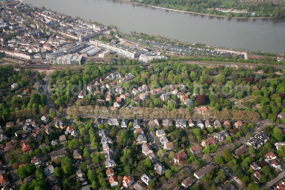 Mainz from above - View of the Oberstadt part of Mainz in the state of Rhineland-Palatinate. The district consists of several residential buildings and estates and extensive green spaces. It is located on the riverbank of the Rhine