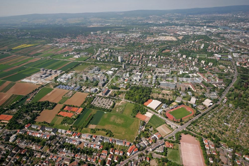 Mainz from the bird's eye view: View of the Oberstadt part of Mainz in the state of Rhineland-Palatinate. The district consists of several residential buildings and estates and extensive green spaces. It is located on the riverbank of the Rhine