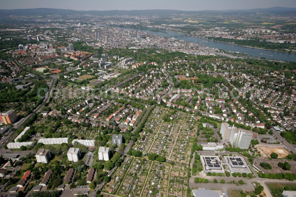 Mainz from above - View of the Oberstadt part of Mainz in the state of Rhineland-Palatinate. The district consists of several residential buildings and estates and extensive green spaces. It is the home of several important historic buildings of the fortress of the former military town