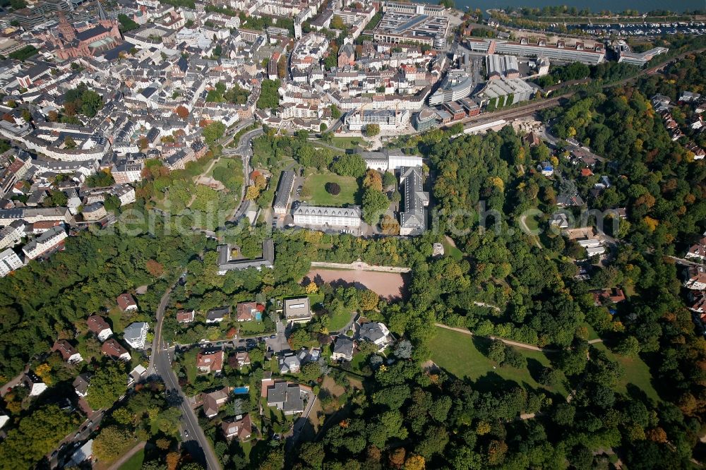 Mainz from above - View of the Oberstadt part of Mainz in the state of Rhineland-Palatinate. The district consists of several residential buildings and estates and extensive green spaces. The image shows the citadel of Mainz, a fortress from the 17th century which is surrounded by forest and listed as a protected building