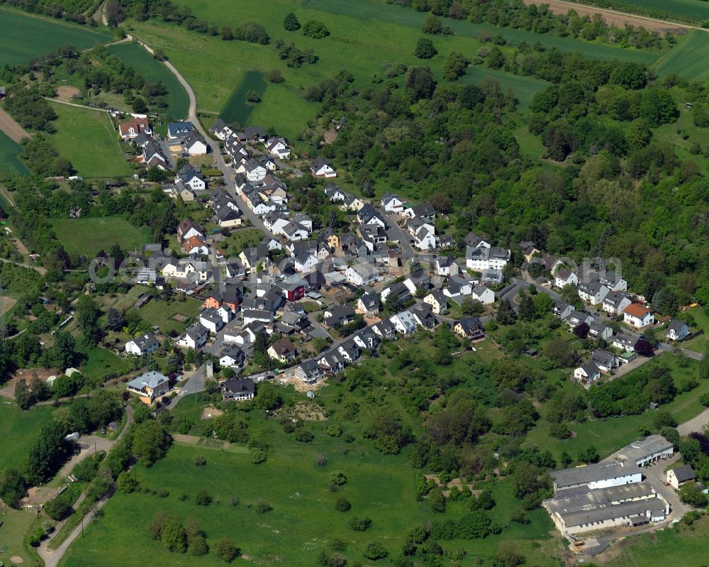 Koblenz from above - View of the locality of Bisholder in the Guels part of Koblenz in the state of Rhineland-Palatinate. The hamlet is located between orchards and fruit plantations above the valley of the river Mosel