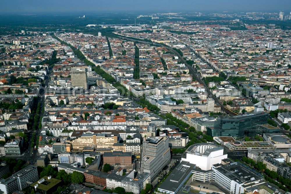 Aerial photograph Berlin - View of the borough of Charlottenburg City West along Kurfuerstendamm in Berlin in Germany