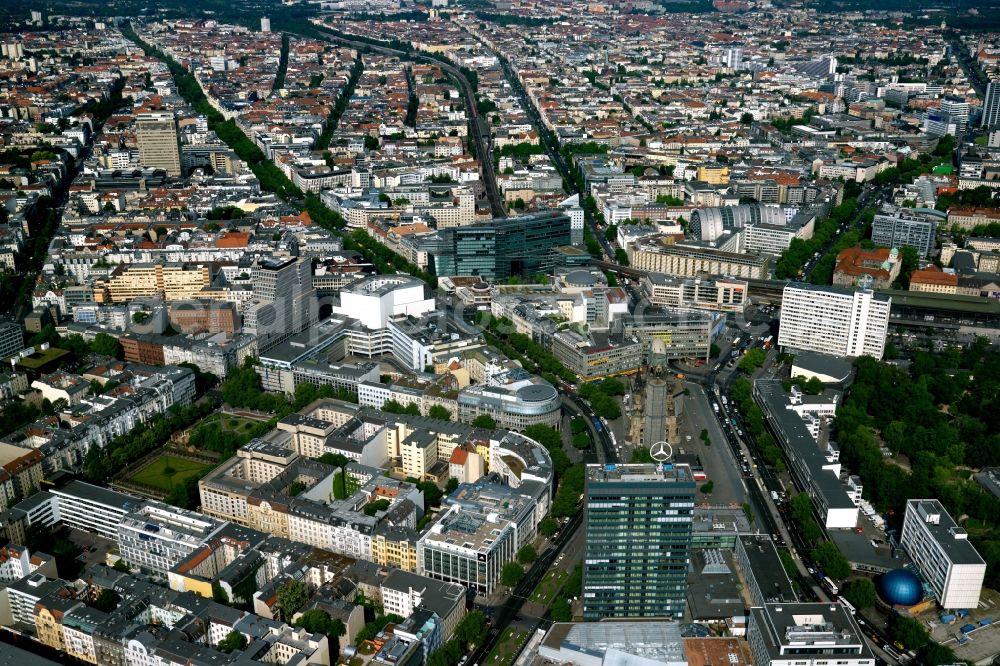 Berlin from the bird's eye view: View of the borough of Charlottenburg City West along Kurfuerstendamm in Berlin in Germany. View from Breitscheidplatz with the Protestant Kaiser Wilhelm Memorial Church to the West