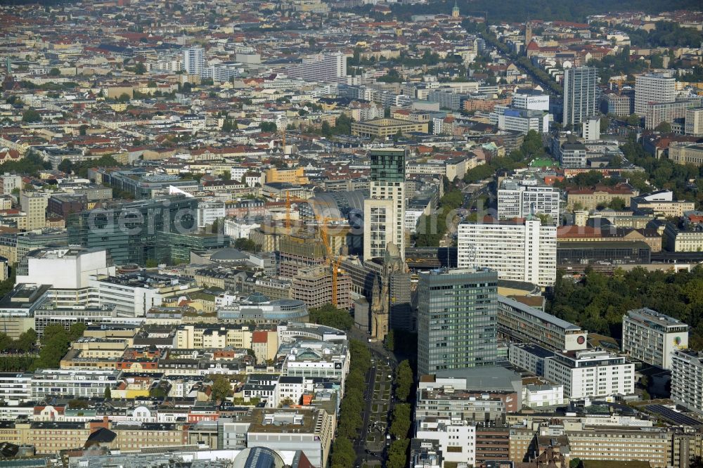 Berlin from the bird's eye view: View along Tauentzienstrasse of the Charlottenburg part of Berlin in Germany. The background shows the Protestant Kaiser Wilhelm Memorial Church and Europa Center on Breitscheidplatz