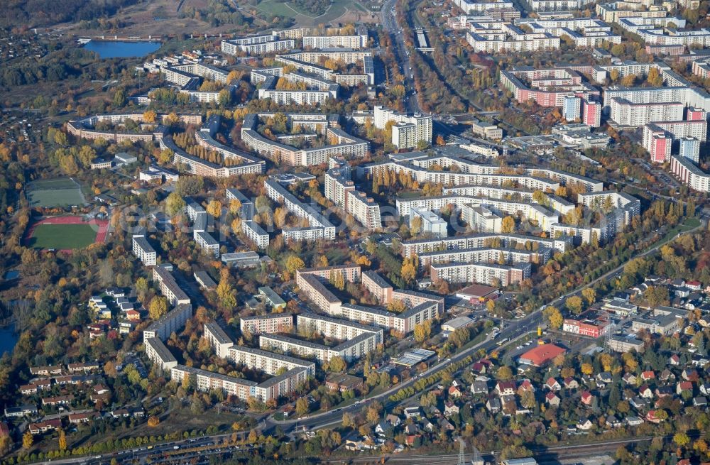 Berlin from above - View of the East of the Hellersdorf part of the district of Marzahn-Hellersdorf in Berlin in Germany. The East of the locality is located on the border to the state of Brandenburg and consists of residential estates and blocks of flats, which are surrounded by green areas