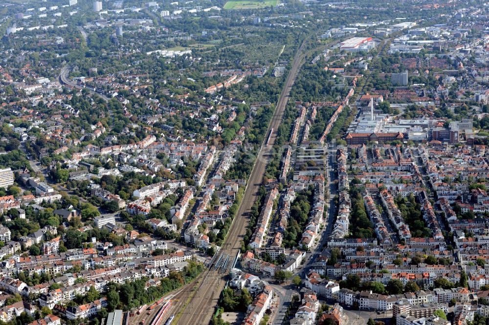 Bremen from above - View of the East of Bremen and along the central railway tracks in the East of the main station in Bremen in Germany