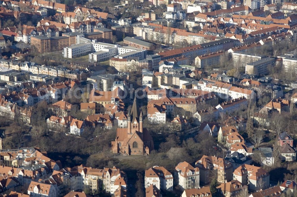 Aerial image Halle Saale - Stadtteilansicht vom Paulusviertel in Halle, Sachsen-Anhalt. Es ist geprägt durch Mehrfamilienhäuser und die evangelische Pauluskirche, von der der Stadtteil auch seinen Namen hat. Cityscape of the district Paulusviertel in Halle, Saxony-Anhalt. It is characterized by blocks of flats and the evangelical church Pauluskirche, where the name of the borough comes from.