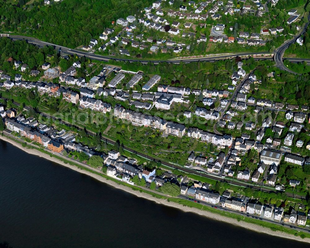 Aerial image Koblenz - View of the Pfaffendorf part of Koblenz in the state Rhineland-Palatinate. Koblenz is located on both sides of the rivers Rhine and Moselle and is surrounded by hills and fields. It is a university town and one of the oldest towns of Germany. The Pfaffendorf part is located on the right riverbank of the Rhine and is mainly a residential area