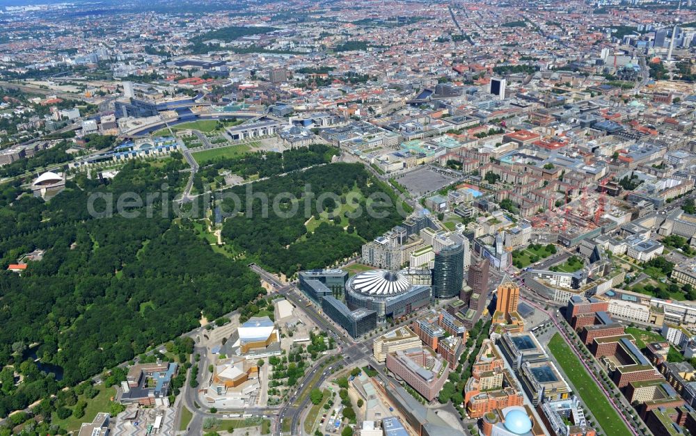 Berlin from above - City partial view the Potsdamer Platz in Berlin's Tiergarten district. With the building in the picture of the Sony Center, the Bahn Tower and the residential and commercial buildings on Potsdamer Platz