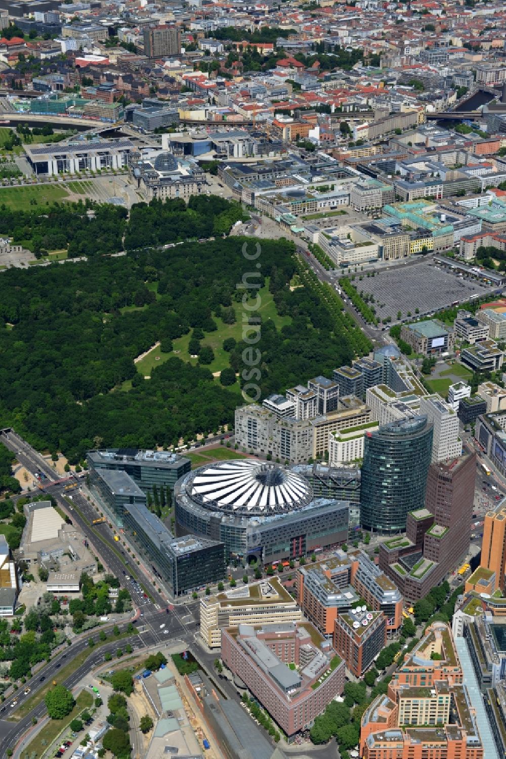 Berlin from the bird's eye view: City partial view the Potsdamer Platz in Berlin's Tiergarten district. With the building in the picture of the Sony Center, the Bahn Tower and the residential and commercial buildings on Potsdamer Platz