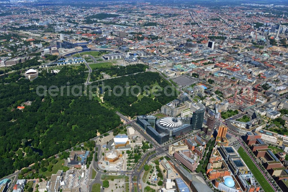 Aerial photograph Berlin - City partial view the Potsdamer Platz in Berlin's Tiergarten district. With the building in the picture of the Sony Center, the Bahn Tower and the residential and commercial buildings on Potsdamer Platz