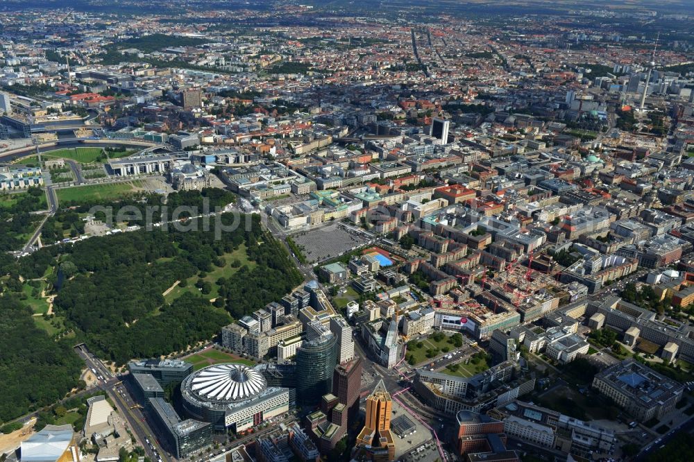 Berlin from above - City partial view the Potsdamer Platz in Berlin's Tiergarten district. With the building in the picture of the Sony Center, the Bahn Tower and the residential and commercial buildings on Potsdamer Platz