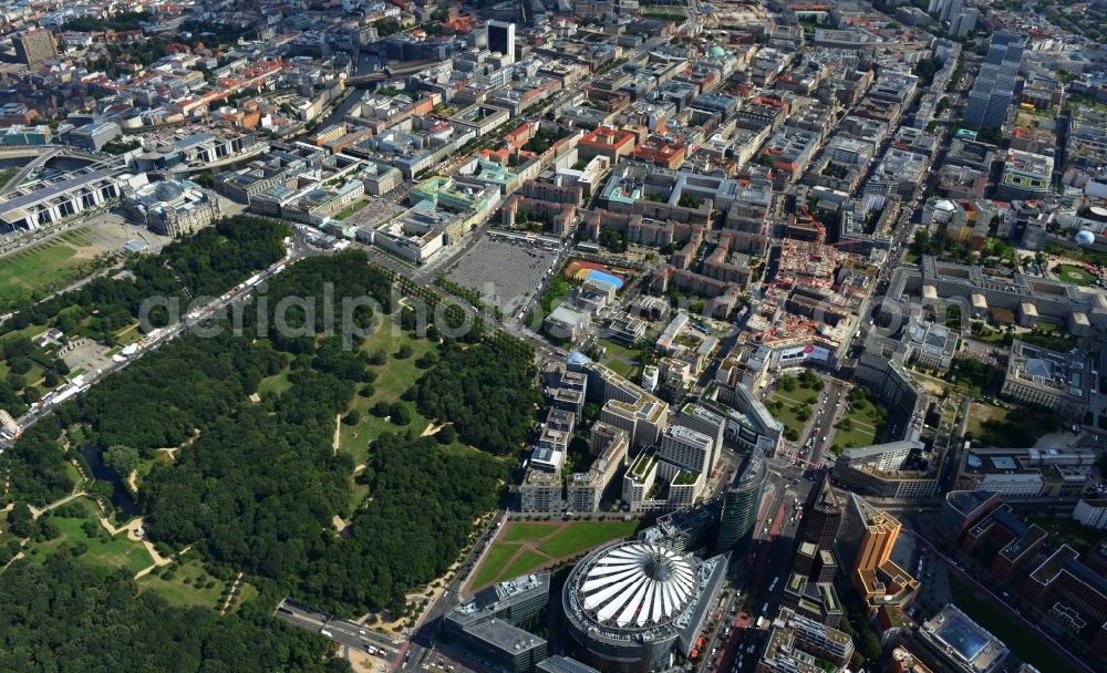 Berlin from the bird's eye view: City partial view the Potsdamer Platz in Berlin's Tiergarten district. With the building in the picture of the Sony Center, the Bahn Tower and the residential and commercial buildings on Potsdamer Platz