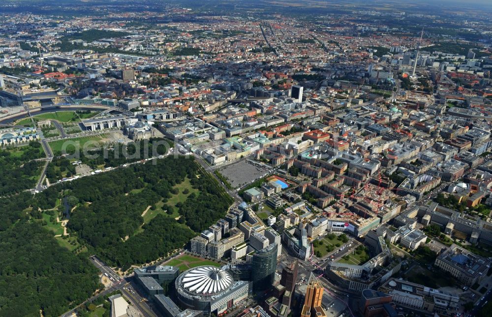 Aerial photograph Berlin - City partial view the Potsdamer Platz in Berlin's Tiergarten district. With the building in the picture of the Sony Center, the Bahn Tower and the residential and commercial buildings on Potsdamer Platz