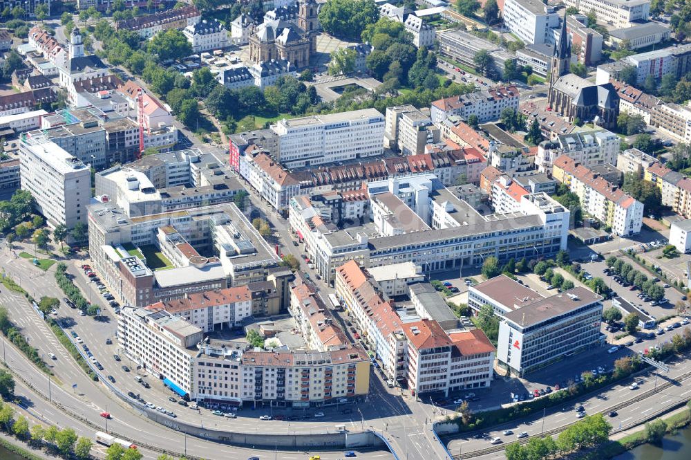 Saarbrücken from above - Wohn- und Geschäftshäuser an der Saaruferstraße im Saarbrückener Stadtteil Alt-Saarbrücken im Saarland. Tenements and business buildings at Saaruferstrasse in old district of Saarbrücken in Saarland.