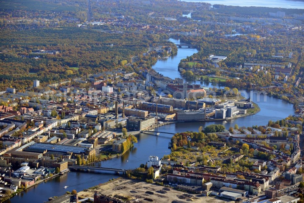 Berlin from above - View of Schöneweide in the Berlin borough Treptow-Köpenick. Schöneweide is the designation for the two districts Niederschöneweide and Oberschöneweide in the borough Treptow-Köpenck. The river Spree separates the two districts from each other