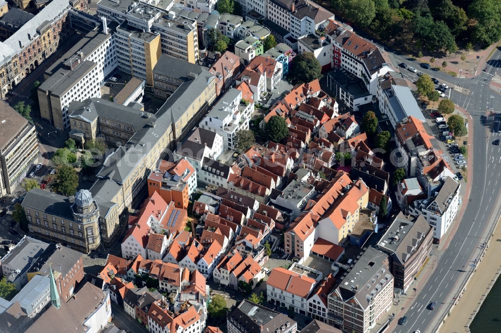 Aerial photograph Bremen - View of the Schnoor quarter in the historic city centre and on the riverbank of the Weser in Bremen in Germany. The medieval quarter is located in the South of the city centre and along the street of the same name