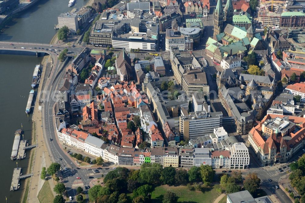 Aerial image Bremen - View of the Schnoor quarter in the historic city centre and on the riverbank of the Weser in Bremen in Germany. The medieval quarter is located in the South of the city centre and along the street of the same name