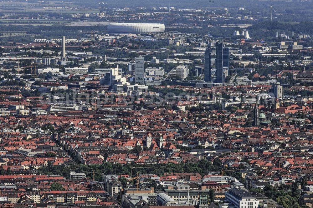 München from above - District View Schwabing-West - Freimann in Munich in Bavaria. In the high-rise recognizable image Emsemble „ HighLight Towers “ and the Allianz Arena stadium