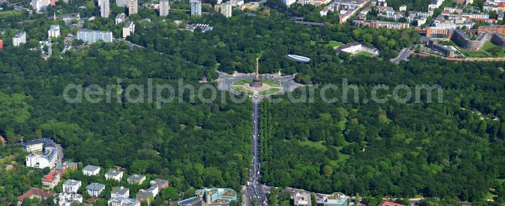 Berlin from above - City view with part of the Victory Column and the roundabout at the Straße des 17 in the city's Tiergarten park in Berlin