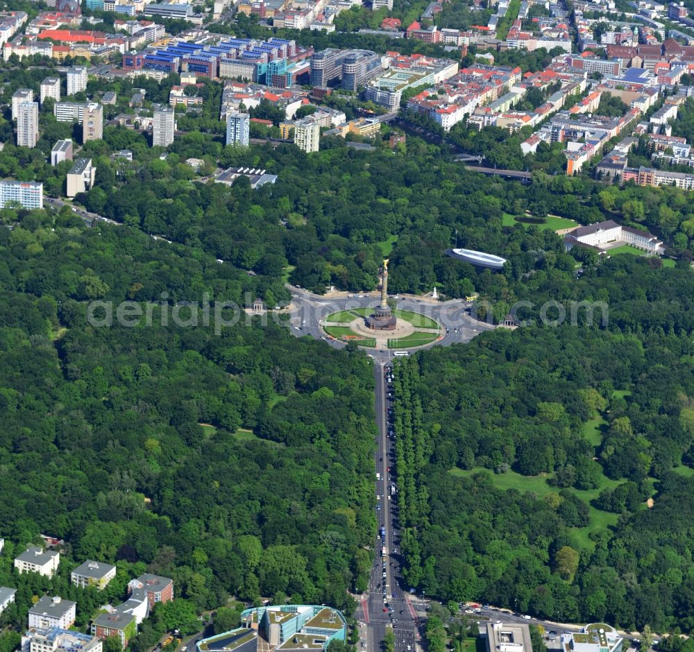 Berlin from above - City view with part of the Victory Column and the roundabout at the Straße des 17 in the city's Tiergarten park in Berlin