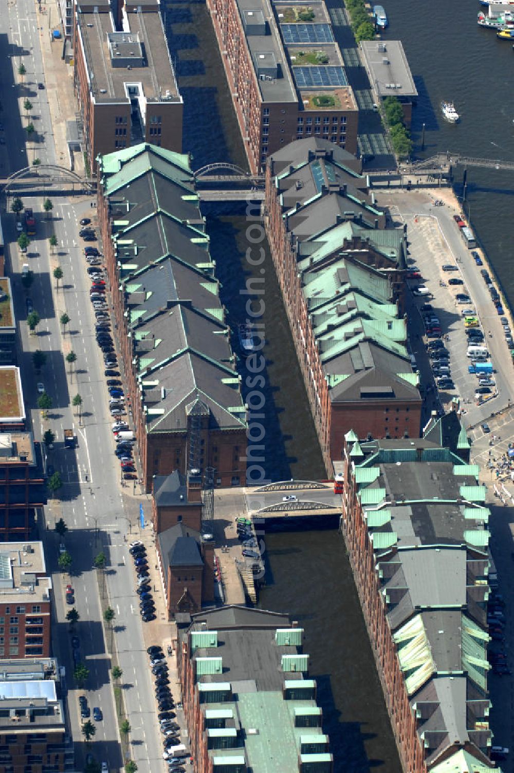 Aerial photograph Hamburg - Blick über einen Teil der Speicherstadt in Hamburg. View over a part of the warehouse district in Hamburg.