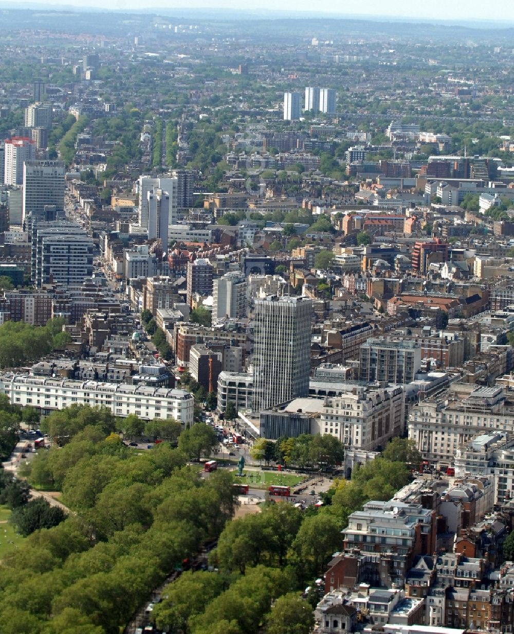 Aerial image West End Ward - Partial view of the city's district West End in London. The district contains many tourist attractions, shops, companies, government buildings and entertainment venues, is also known as a theatre district and is located in central London