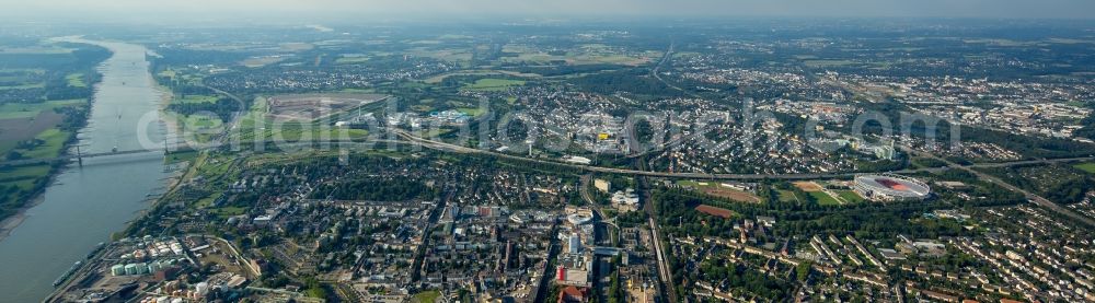 Aerial image Leverkusen - View of the Wiesdorf and Rheindorf parts of Leverkusen on the riverbank of the Rhine in the West of Leverkusen in the state of North Rhine-Westphalia