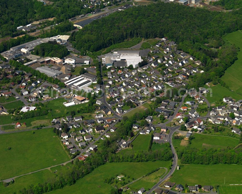 Bad Marienberg (Westerwald) from above - View of the Langenbach part of the town of Bad Marienberg in the state of Rhineland-Palatinate. The town is located in the county district and region of Westerwald and is an official spa resort. It consists of several parts such as Langenbach in its South