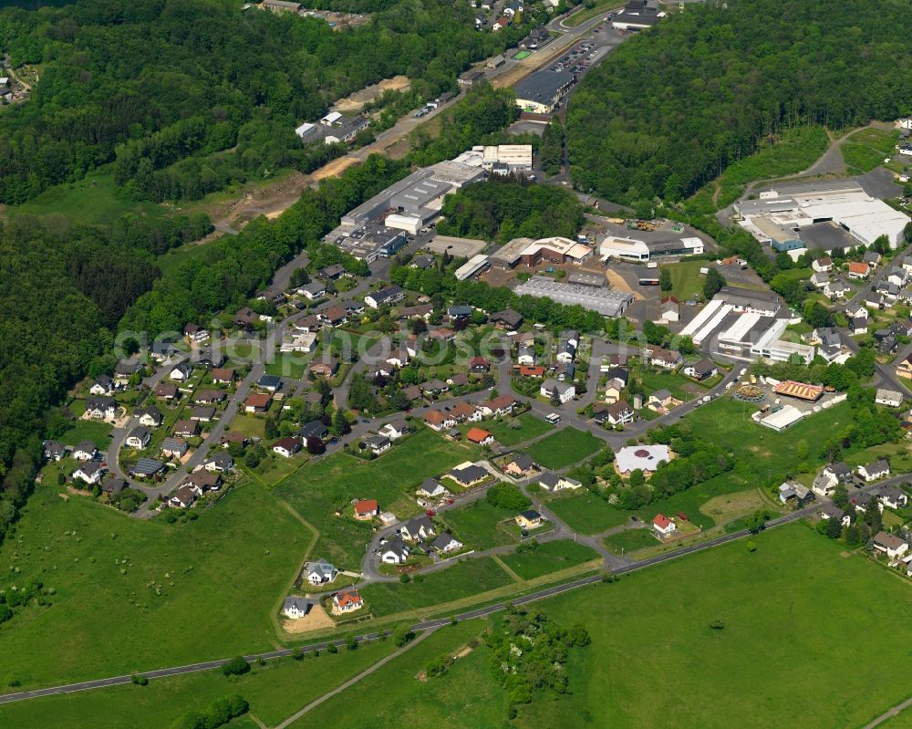 Bad Marienberg (Westerwald) from above - View of the Langenbach part of the town of Bad Marienberg in the state of Rhineland-Palatinate. The town is located in the county district and region of Westerwald and is an official spa resort. It consists of several parts such as Langenbach in its South