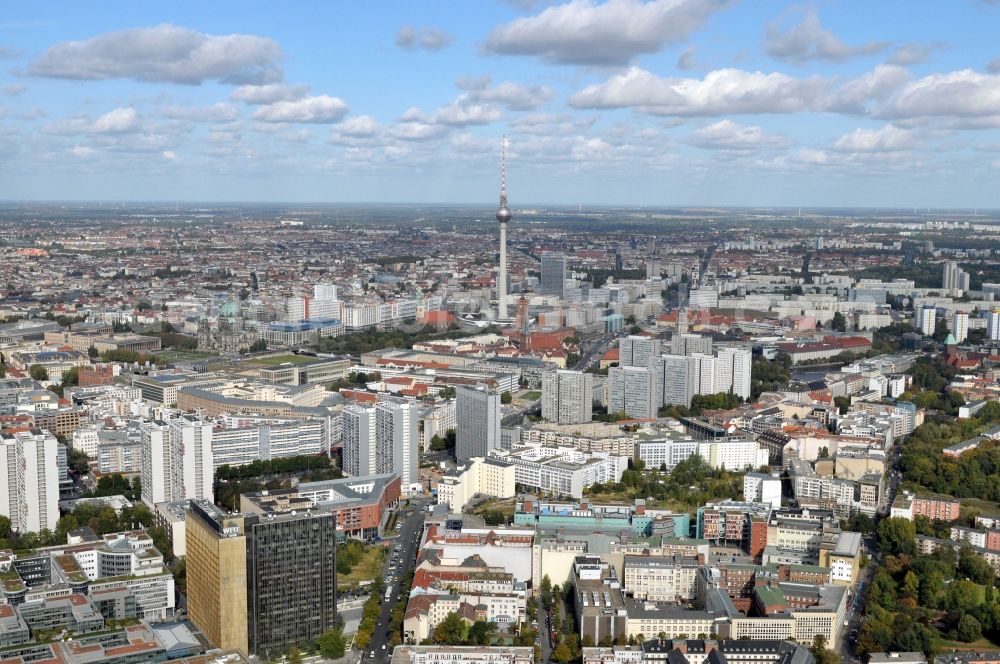 Berlin from above - Partial view of downtown Berlin City - East to the residential Leipziger Strasse / Spittelmarkt center. In the background of the television tower