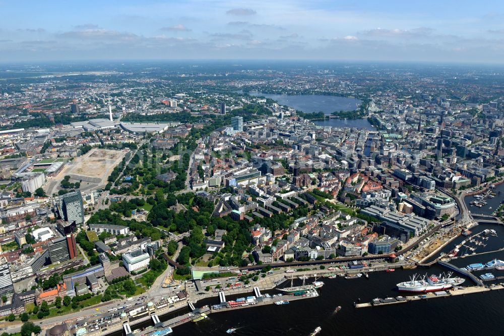 Hamburg from above - View of the downtown area and city center of Hamburg in Germany. View from the Elbe across Neustadt, Altstadt and Alster-area