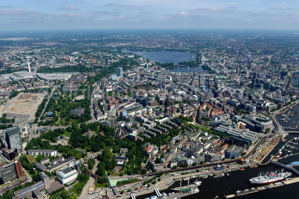 Hamburg from the bird's eye view: View of the downtown area and city center of Hamburg in Germany. View from the Elbe across Neustadt, Altstadt and Alster-area