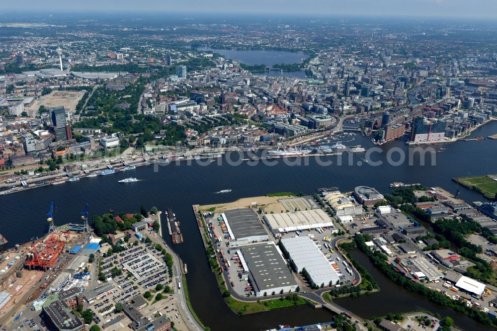 Hamburg from above - View of the downtown area and city center of Hamburg in Germany. View from the Elbe across Neustadt, Altstadt and Alster-area