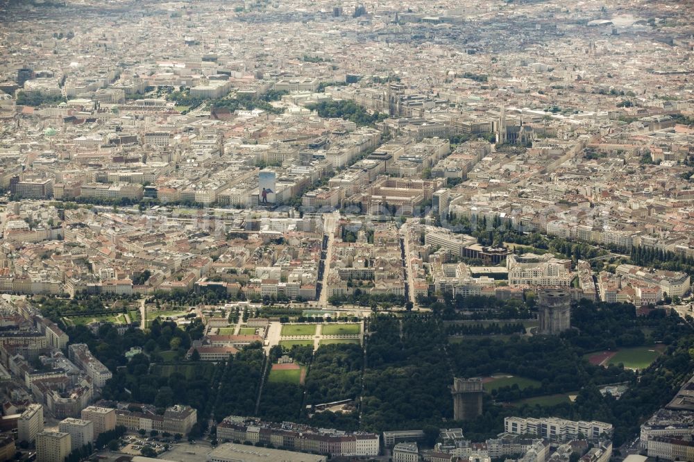 Aerial image Wien - View of the city center of Vienna in Austria. View from the Augarten park with its defense towers across the second district and the historic city center