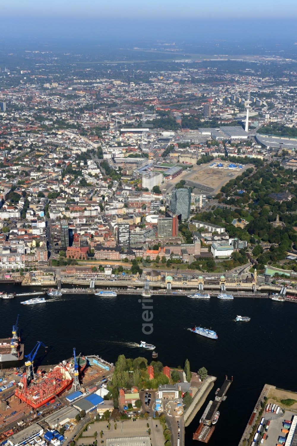 Hamburg from above - View of the neighborhood of St.Pauli with business and office buildings and towers in the North of Hafenstrasse and the river Elbe in Hamburg in Germany