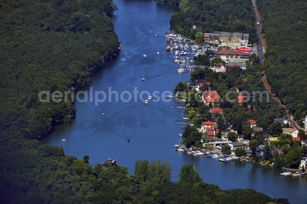 Berlin from above - Partial view of the city Mueggelseedamm streets on the banks of the Mueggelsee in Berlin